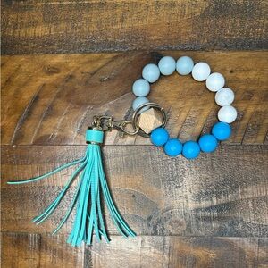 Turquoise and White Beaded Keychain with Tassel